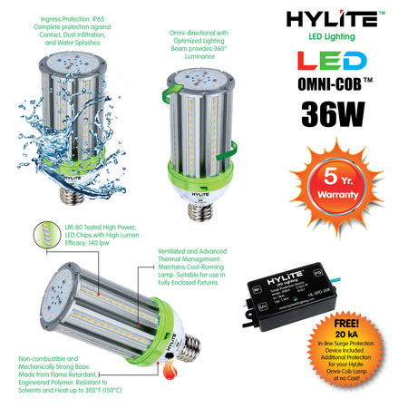 Hylite LED Omni-Cob Repl Lamp for 175W HID, 36W, 5040 Lumens, 5000K, E39 HL-OC-36W-E39-50K